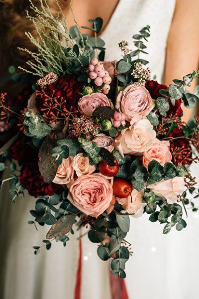 bouquet of the bride in hands, eucalyptus